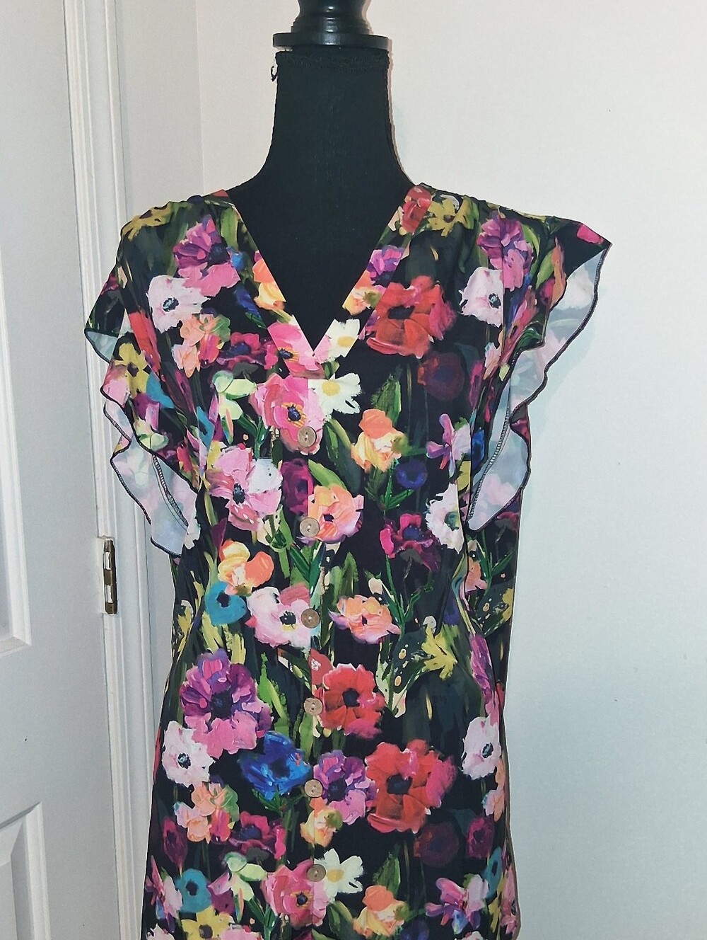 SHEIN Black Floral V-Neck Flutter Sleeve Blouse